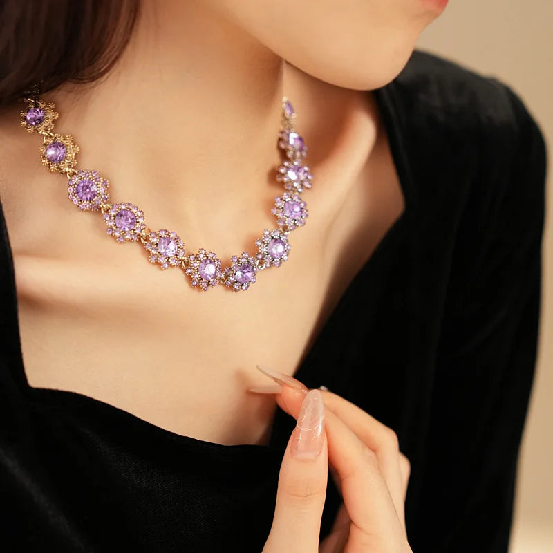 Vintage Amethyst Round Flower Cluster Necklace Bracelet Earring Jewelry Set Antique Silver Luxury Women Bridal Wedding Jewelry N