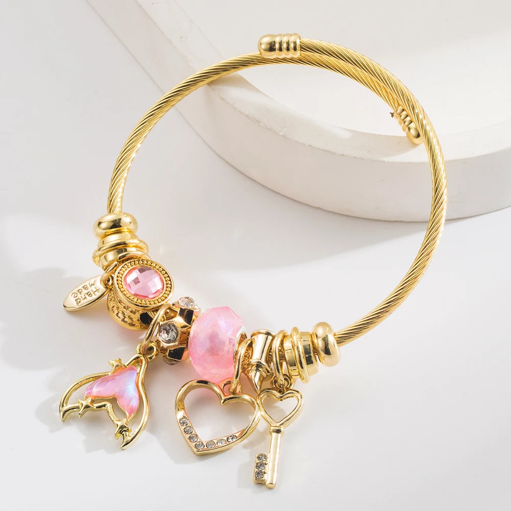 New DIY Pan Jia Duo La Bracelet with Diamond Fish Tail Heart Key Pendant Fairy Style Adjustable Couple Bracelet