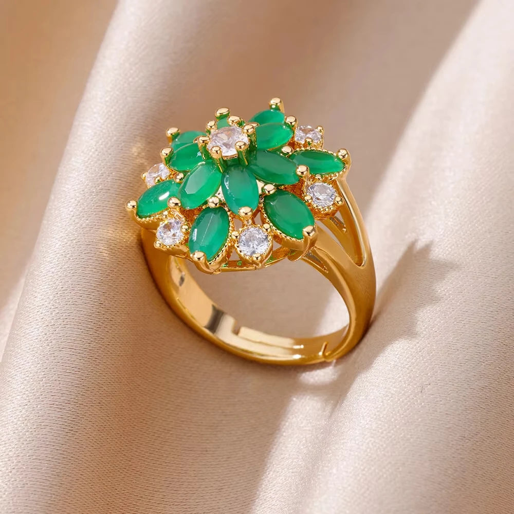 Stainless Steel Rings Gold Plated Colorful Stone Zircon Crystal Luxury Flower Ring For Women Wedding Jewelry Christmas Gift New