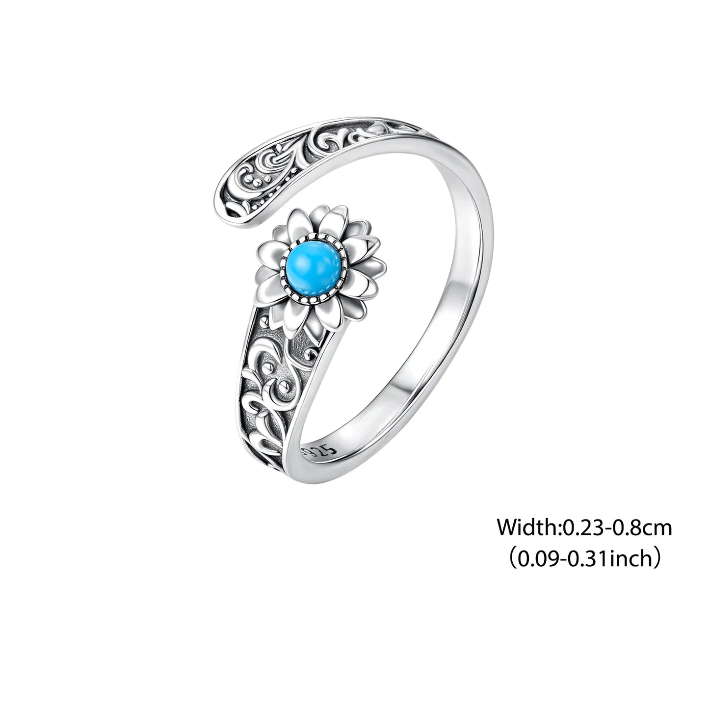 Bamoer 925 Sterling Silver Sunflower Turquoise Open Ring Adjustable Retro Oxidized Ring for Mother Birthday Gift Fine Jewelry