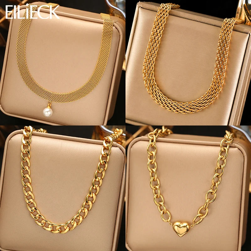 EILIECK 316L Stainless Steel Chains Necklace Choker For Women Trendy Gold Color Collar Neck Chain Waterproof Jewelry Lady Gift