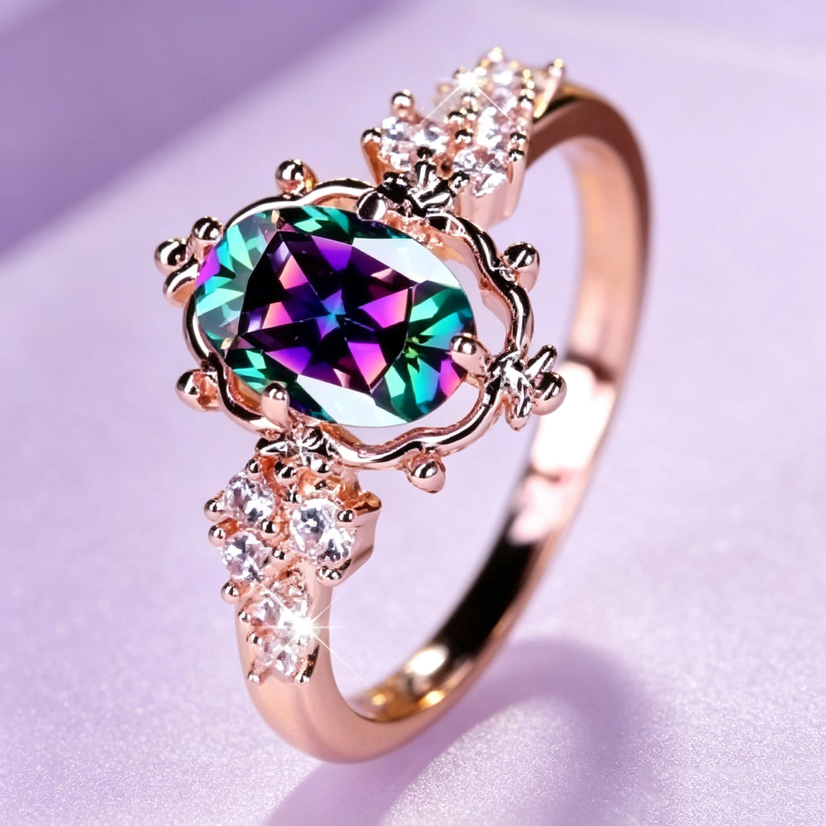 Mystic Rainbow Crystal Oval Stone Flower Rings For Women Trendy Rose Gold Color Wedding Ring Bridal Engagement Band Jewelry Gift