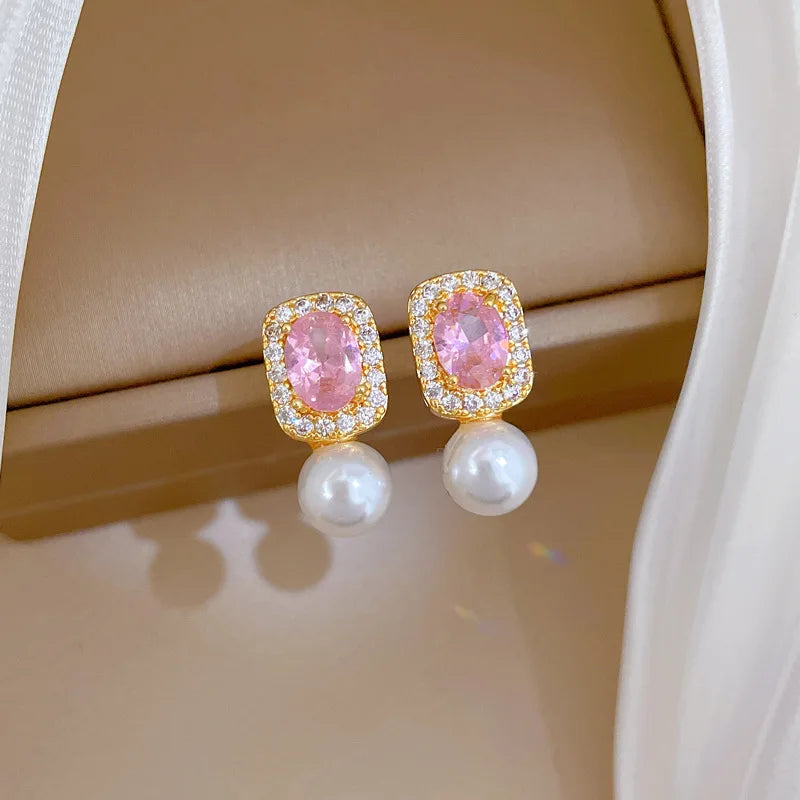 316L Stainless Steel Pink Crystal Pearl Charm Necklace Earrings For Women Girl New Trend Non-fading Jewelry Set Gift