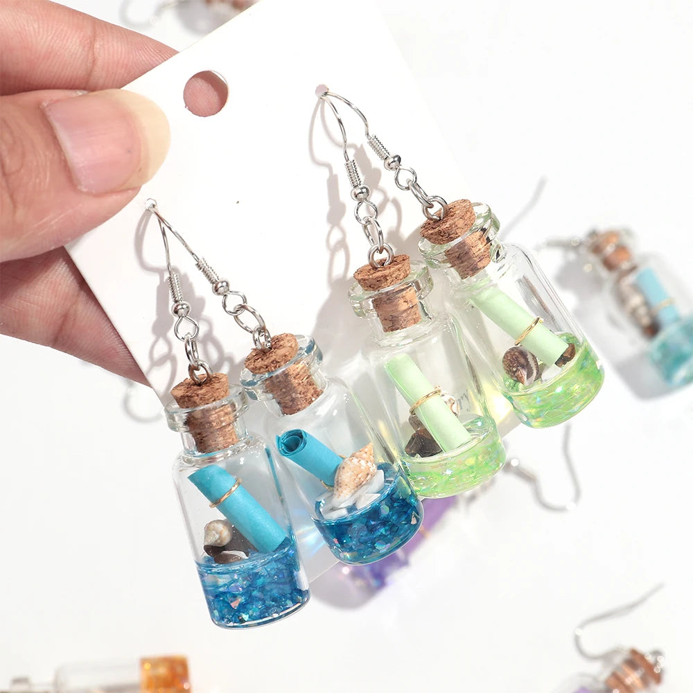 Creative Transparent Glass Drift Bottle Drop Earrings Cute Marine Animals Wish Bottle Dangle Earring Handmade Jewelry Gifts