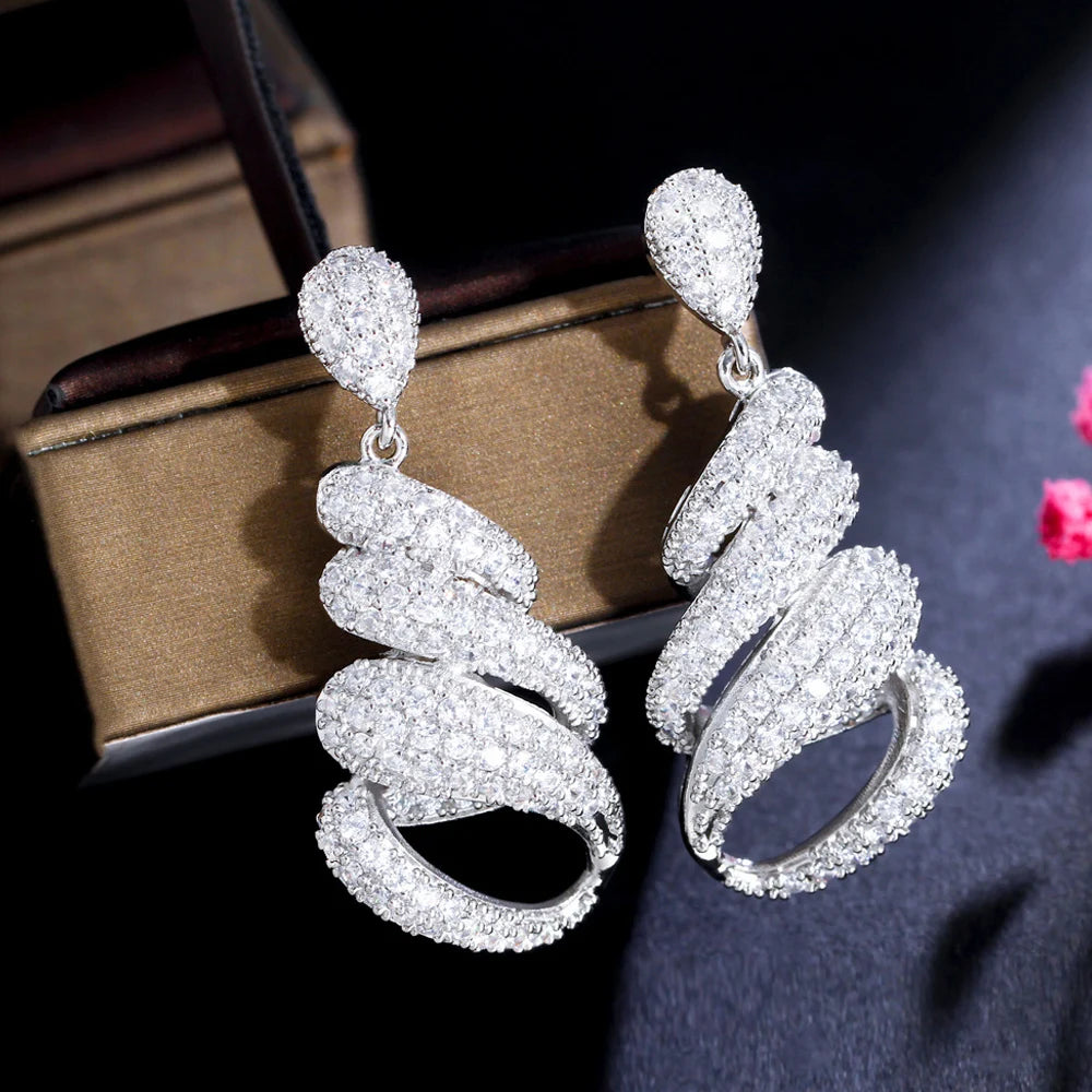 ThreeGraces Luxury Fashion Shiny White Zirconia Bridal Wedding Party Long Twist Lines Drop Earrings for Women Jewelry E1053