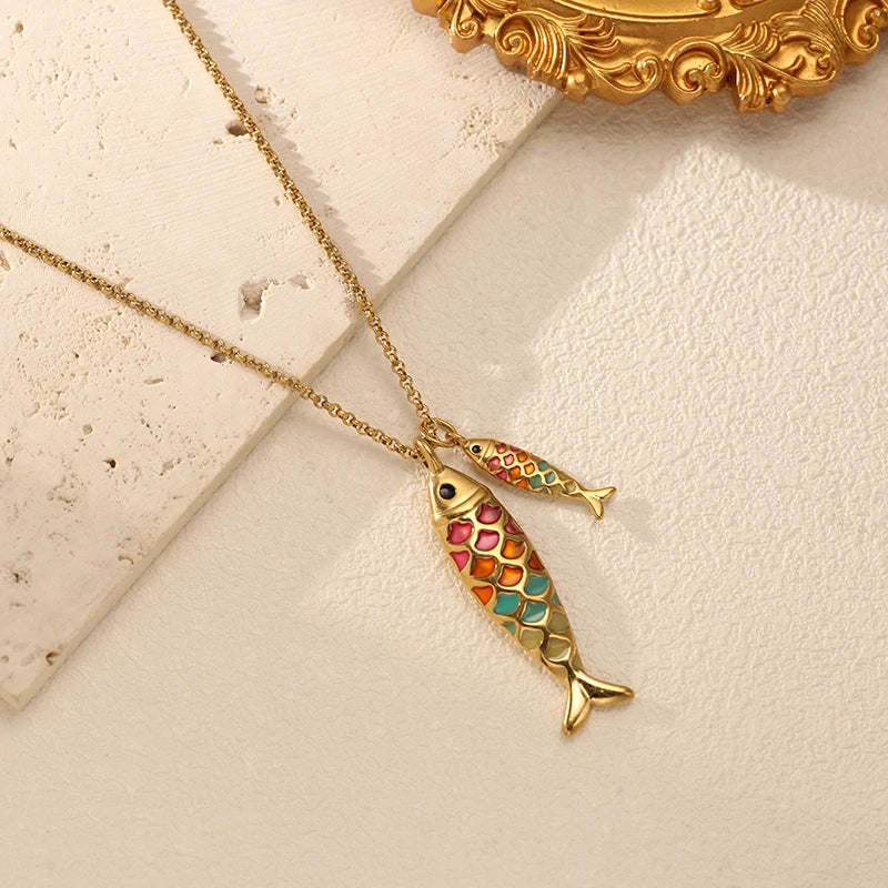 EILIECK Women's Trendy Colorful Creative Fish Pendant Necklace Stainless Steel Neck Chain Daily Water-resistant Jewelry Gift