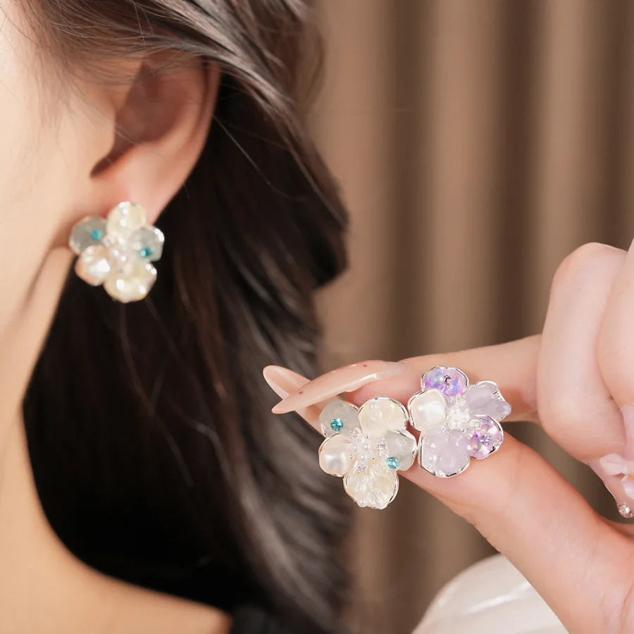 Iridescent Glass Beads Zircon Flower Stud Earrings Pastel Floral Imitation Pearl Earrings for Women Fairy Dating Daily Jewelry N