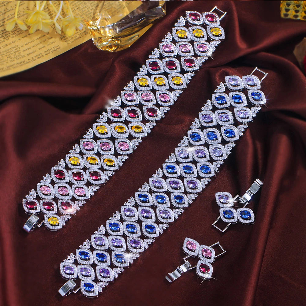 ThreeGraces Luxury Brilliant Multicolor Zirconia Big Wide Bridal Wedding Party Tennis Chain Link Bracelet Jewelry for Women B604
