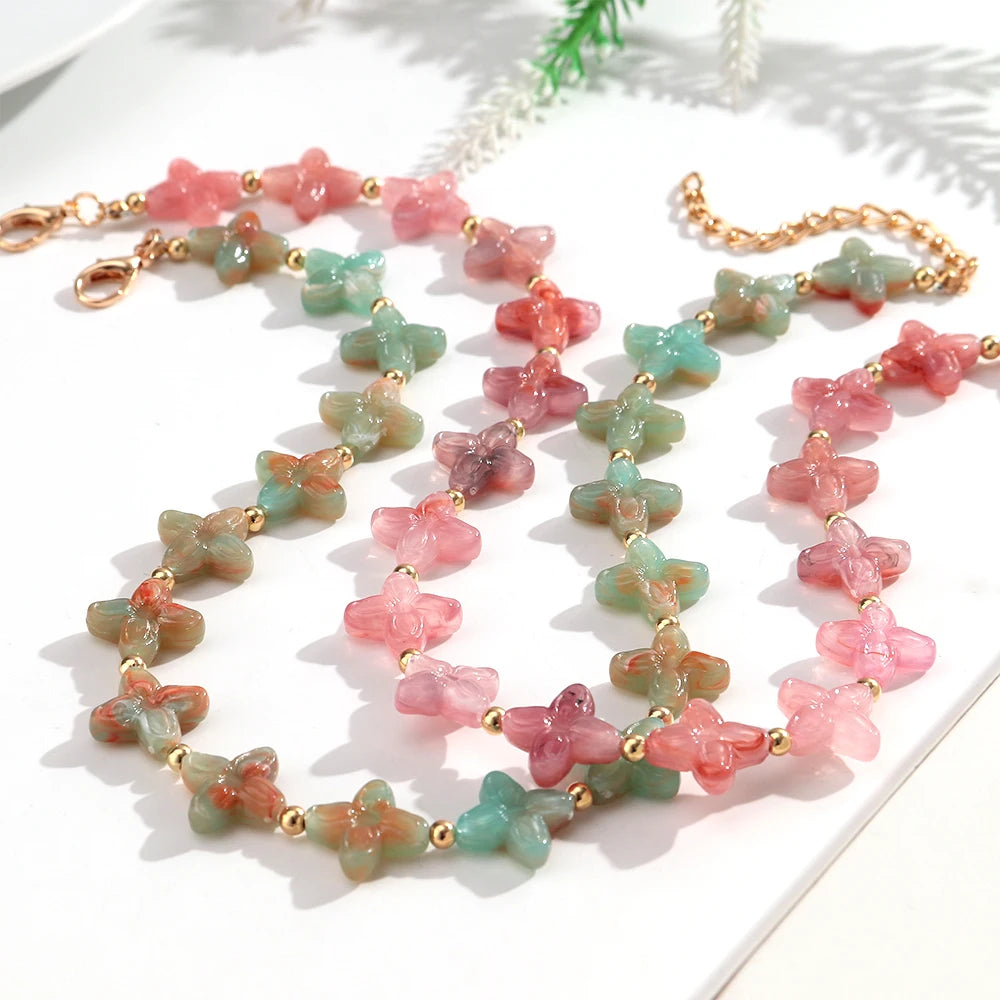 Cute Colorful Geometric Flower Beaded Choker Necklace Sweet Resin Beads Necklaces for Women Spring Summer Jewelry Gifts