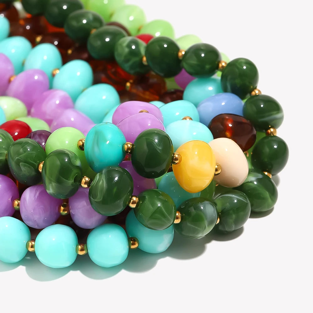 E.B.belle Colorful Candy Bead Strand Necklace Adjustable Gold Extension Chain Flat Oval Resin Beads Fashion Beach Women Jewelry