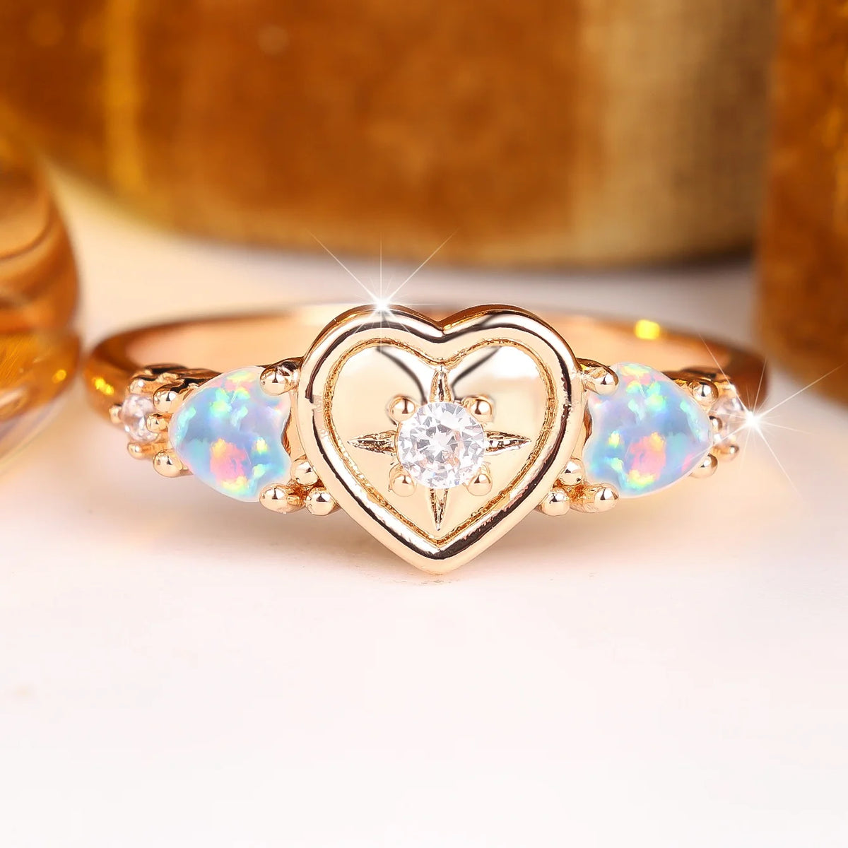 Small Heart Charm Femal White Opal Round Ring Gold Color Wedding Jewelry For Women