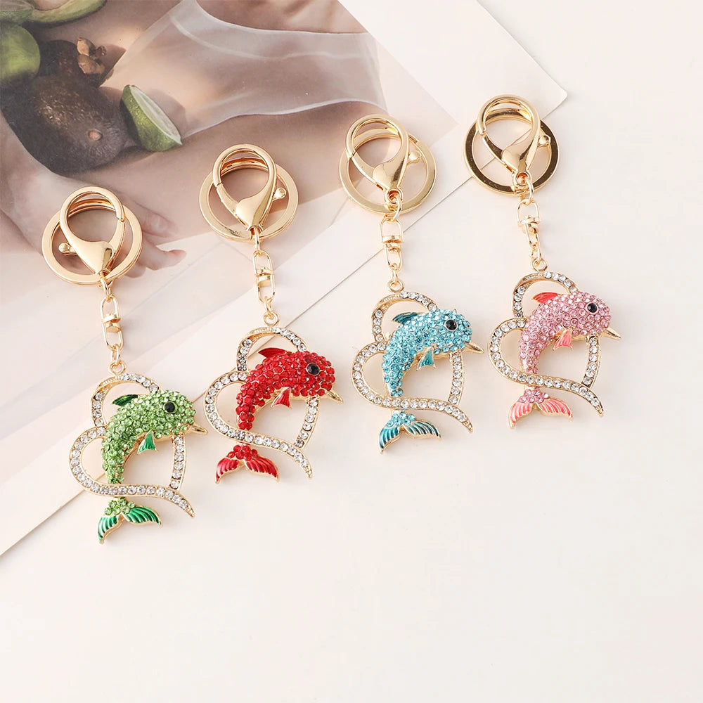 Dolphin Love Key Chain Women's Luxury Bag Pendant Crystal Rhinestone Key Ring Marine Animal Gift for Family Girlfriend