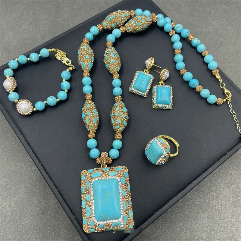 Turkish Natural Blue Turquoise Jewelry Women Gemstone Rhinestone Crystal Necklace Ring Earring Set Party Wedding Dress Acces