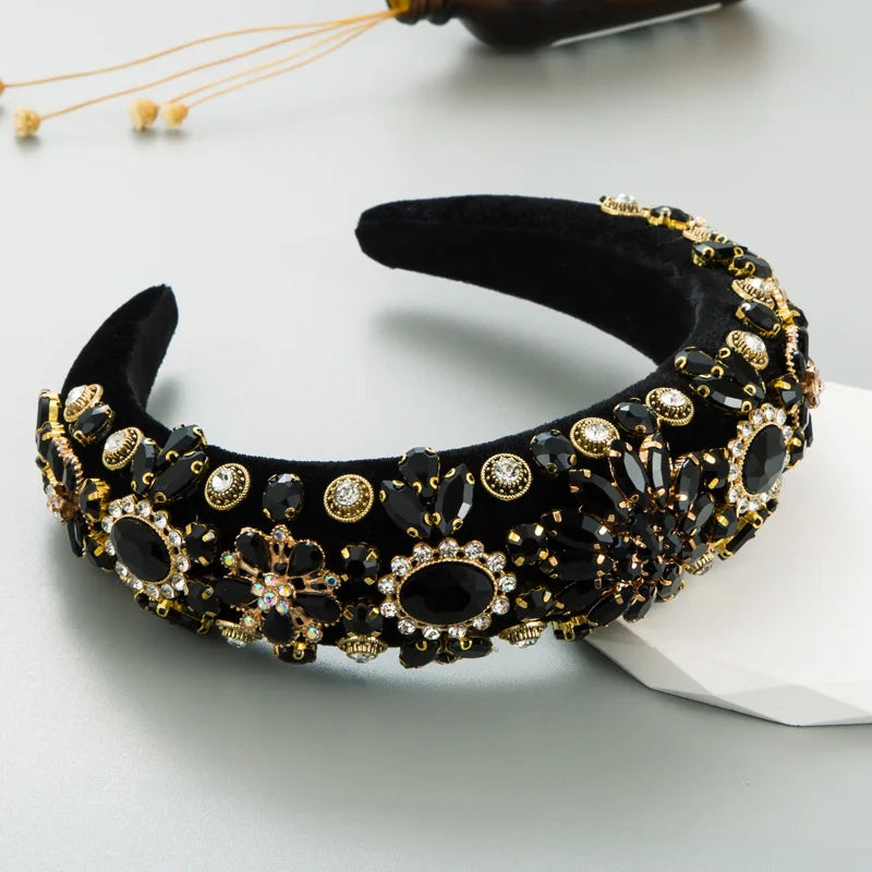 Fashionable and Crafty Velvet Hair Hoops Retro Palace Sponge Thickened Headband Rhinestone Wide Edge Hair Accessories