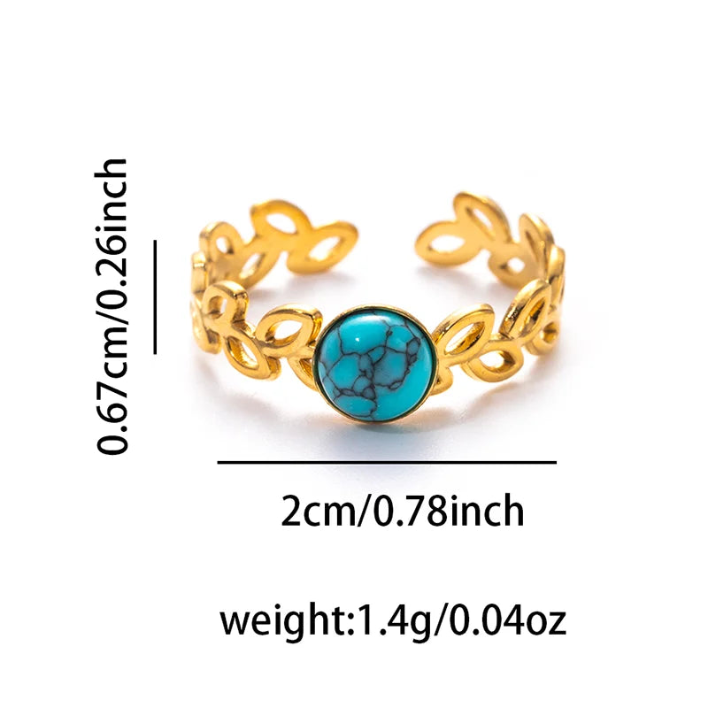 ANENJERY 316L Stainless Steel Hollow Leaf Colorful Stone Open Ring for Women Men Simple Jewelry Gifts Daily Wholesale