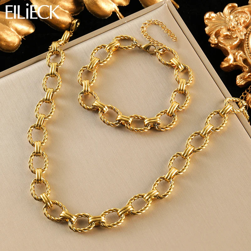 EILIECK 316L Stainless Steel Metal Gold Color Oval Link Chain Necklace Bracelet Set For Women Fashion Punk Waterproof Jewelry