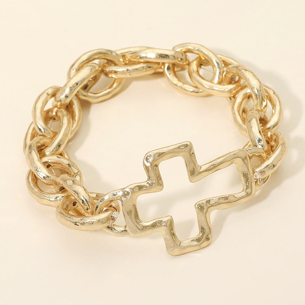 Bold Hammered Metal Open Cross Chunky Chain Stretch Bracelet