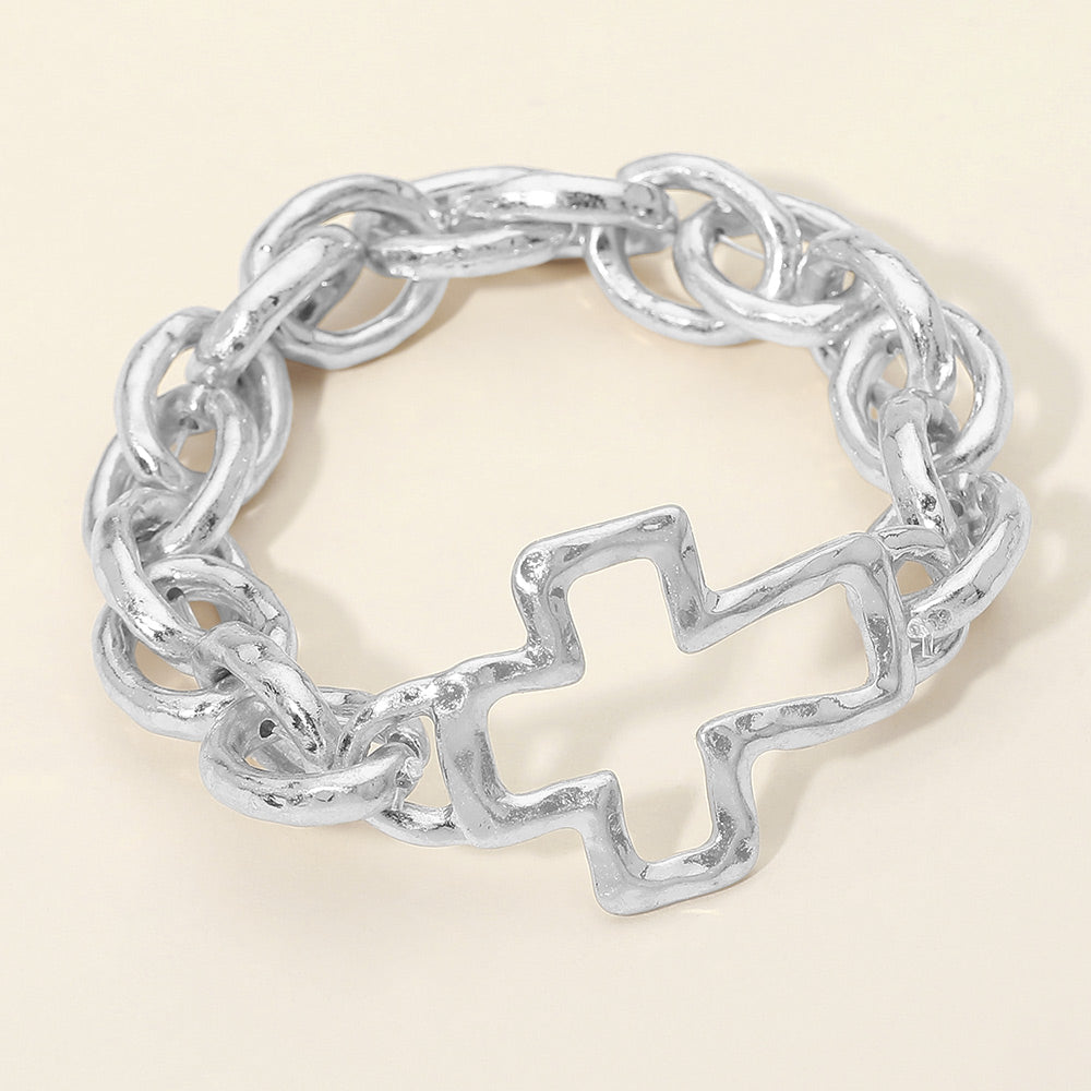 Bold Hammered Metal Open Cross Chunky Chain Stretch Bracelet