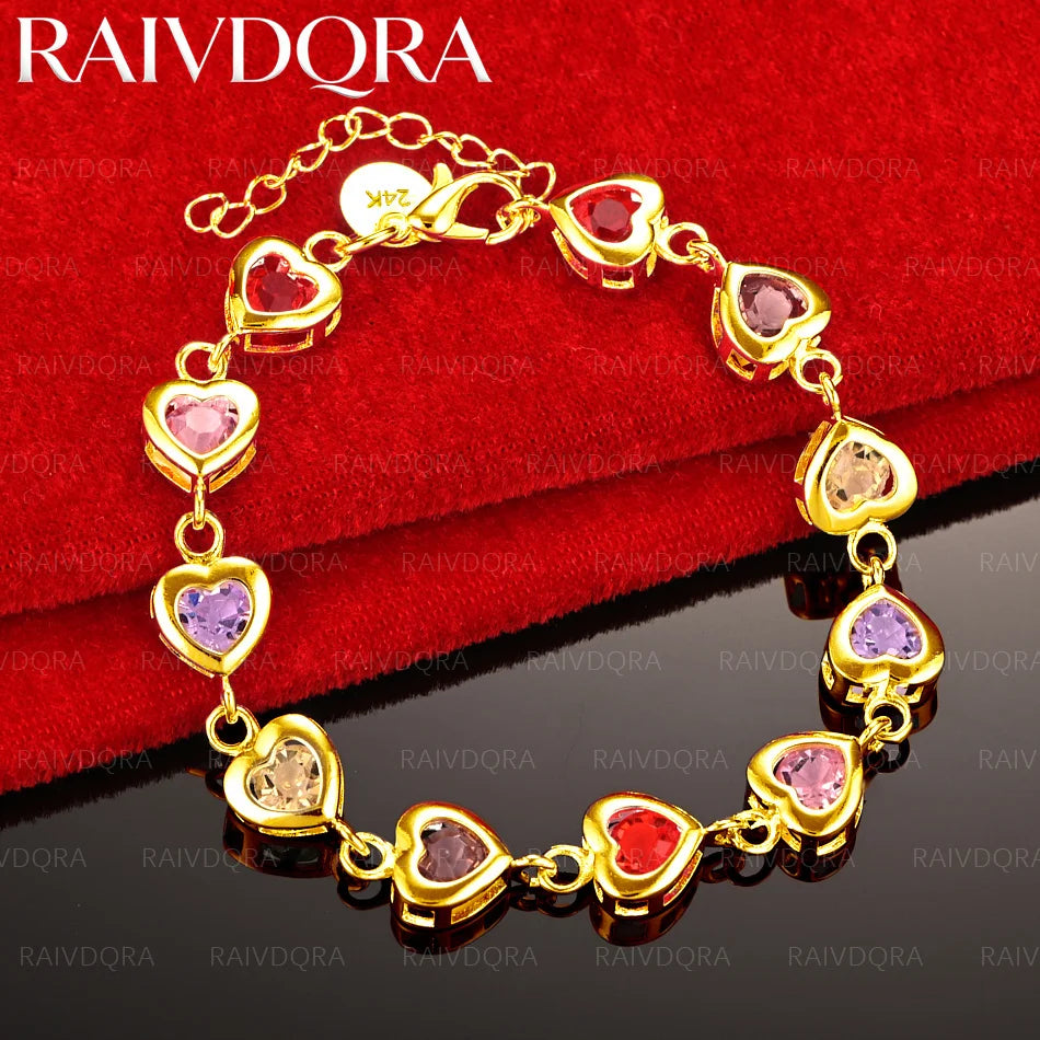 18K Gold Plated Color Zircon Heart Chain Bracelet For Women Fashion Jewelry Exquisite Party Accessories Holiday Gifts