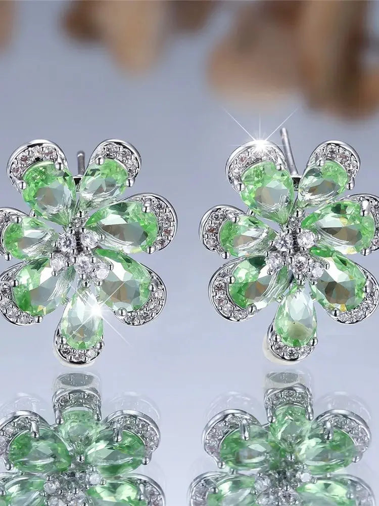 Cute Female Green Zircon Flower Stud Earrings Silver Color Wedding Jewelry For Women