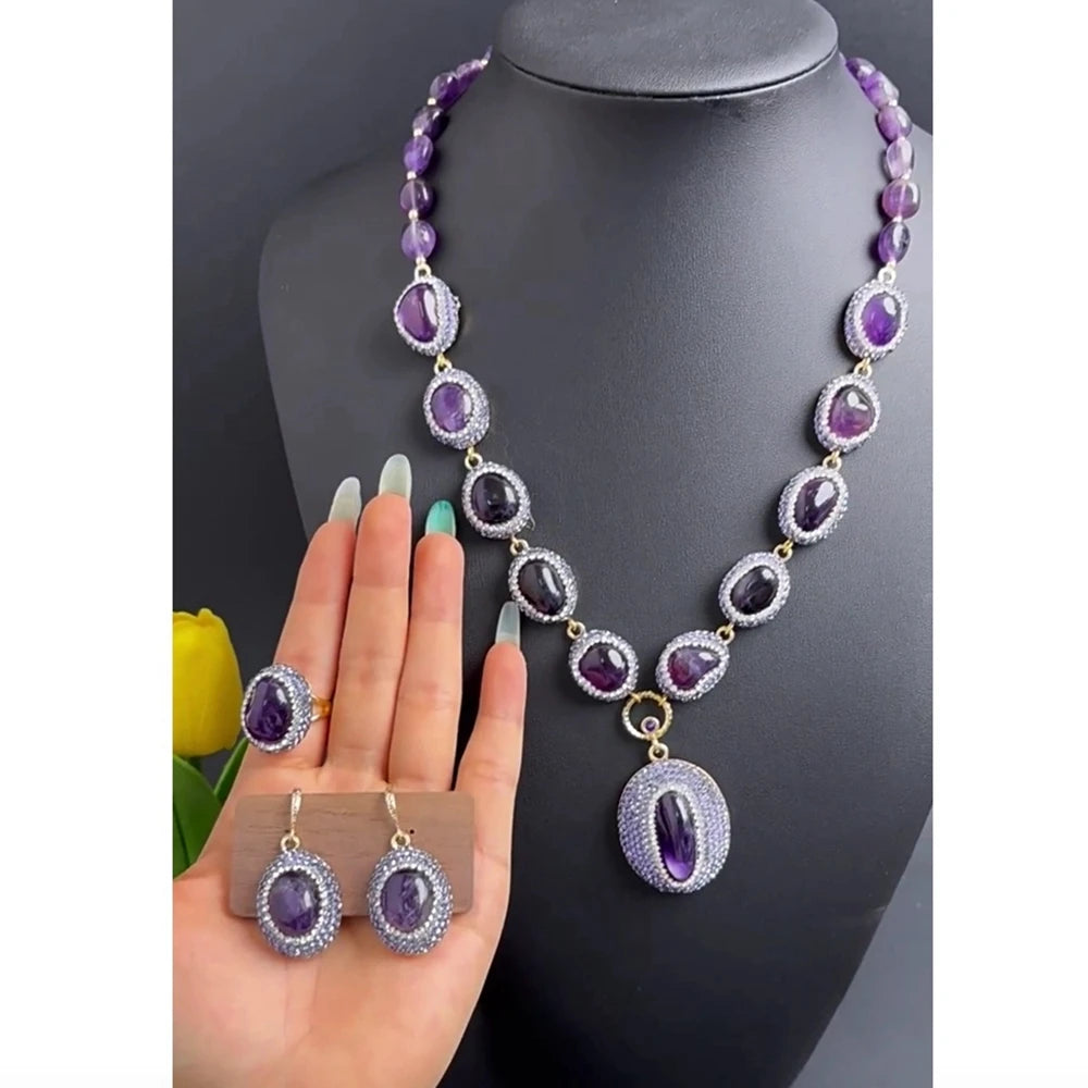 Luxury Rough Amethyst Jewelry Set Exquisite Four-piece Sets Handmade Inlaid Rhinestone Crystal Jewelry for Women Wedding