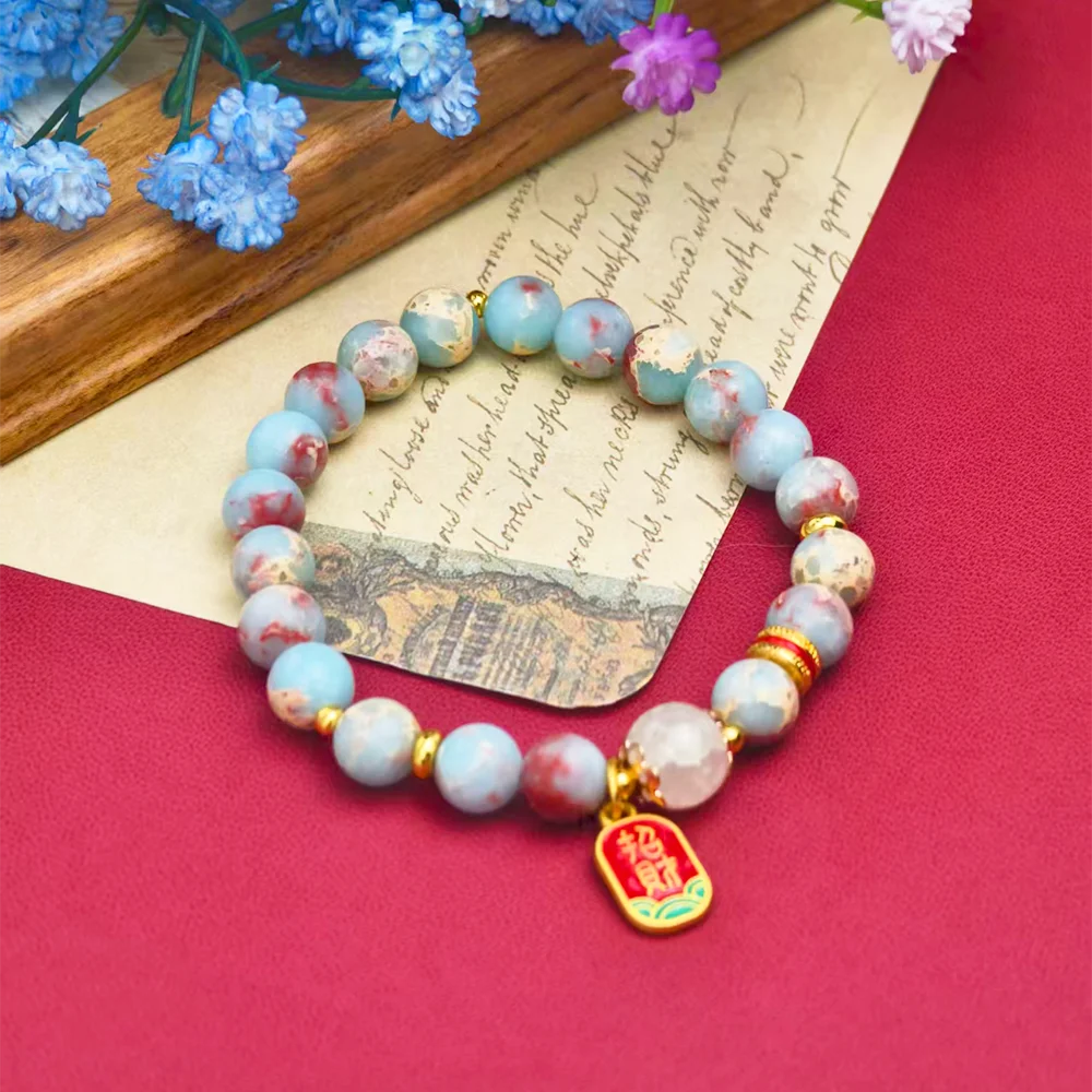 NEW Natural Blue Red Stone Beaded Bracelet for Women Golden Lucky Wealth Pendant Chinese Boho Bracelet Daily Wear Jewelry Gift