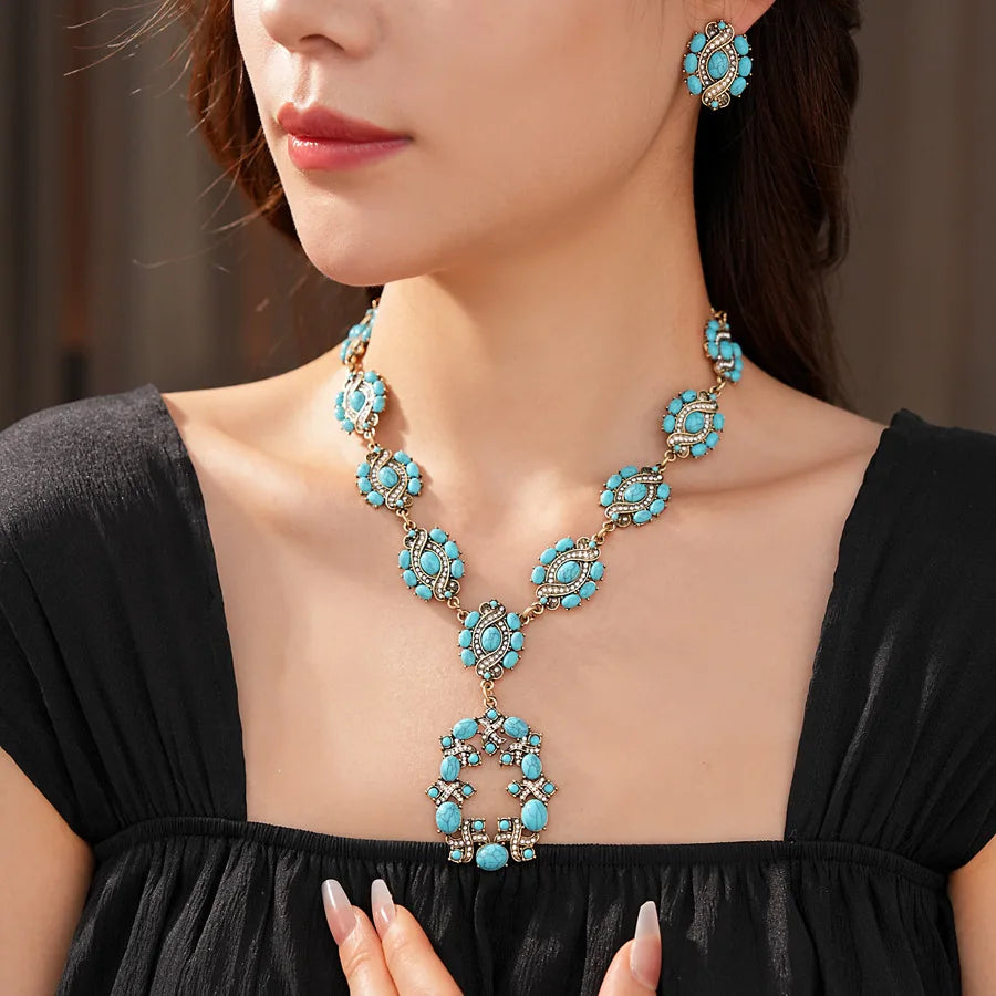 1/2 Pcs Vintage Cross Blue Oval Pendant Neckalces Women Mediaeval High-End Dangle Earrings Statement Banquet Jewelry Sets N
