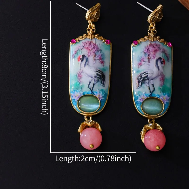 Retro Chinese Style Women Earrings Enamel Painted Cat's Eye Stones Fashion Jewelry Elegant Versatile Aretes De Mujer