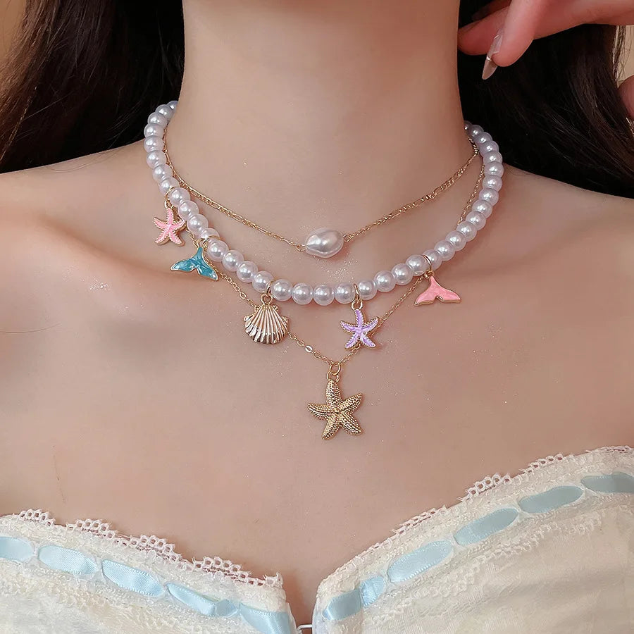3Pcs Set Trendy Sea Star Shell Pendant Pearl Chain Necklace For Women Boho Charm 2026 New Personalized Neck Jewelry Accessories