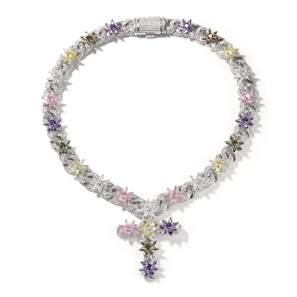 Colorful Flower Cross Charms Cuban Chain Full Pave Iced Out Baguette Cubic Zirconia HipHop Jewelry Unisex Gift For Men Women