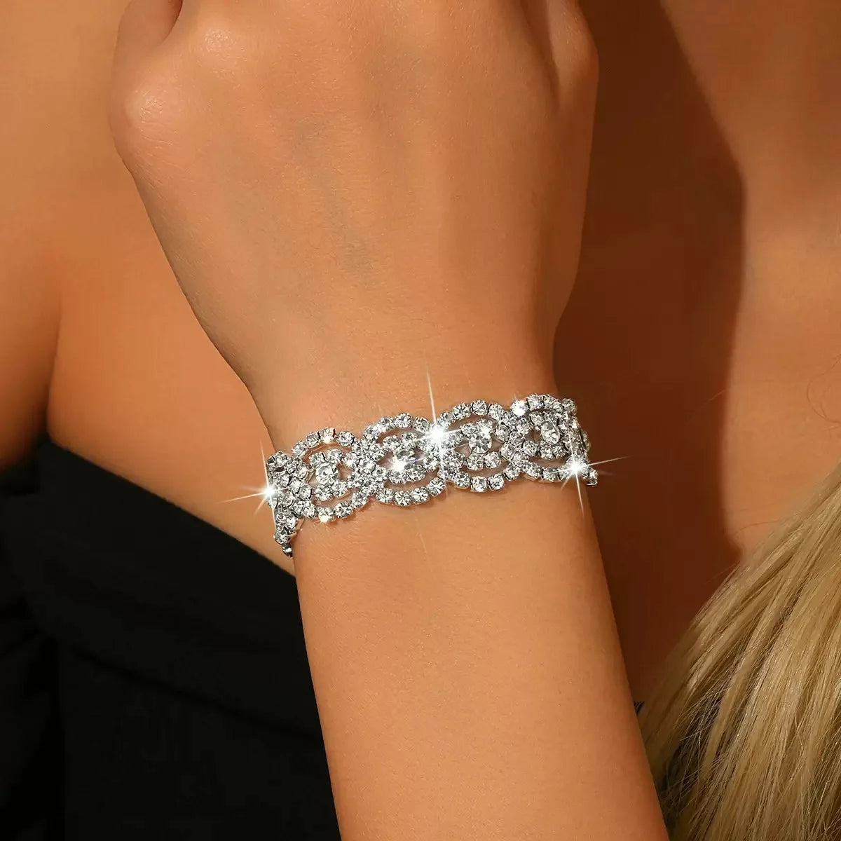 TREAZY Fashion Luxury Rhinestone Jewelry for Women Silver Plated Crystal Link Bracelets Bangles Wedding Party Accessories