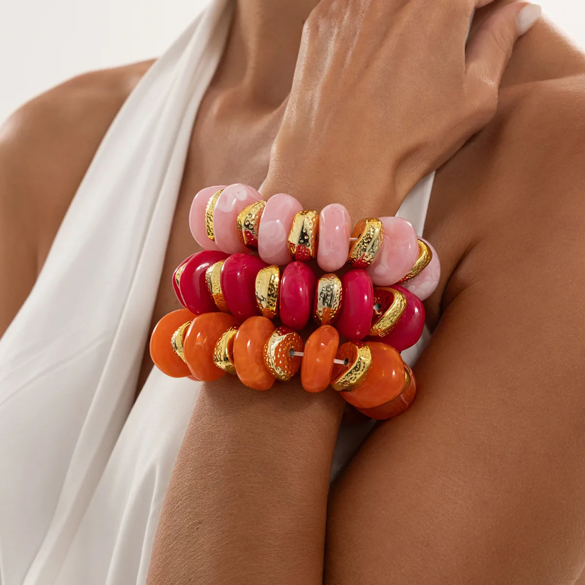 KMVEXO Bohemian Colorful Acrylic Beads Bracelet for Women New Trendy Resin Flat Round Elastic Bangles Statement Jewelry Gift