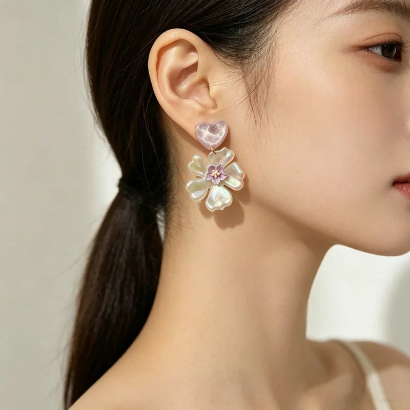 Sweet Mermaid Colorful Love Flower Pendant Earrings For Female Korean Fashion Beautiful Petal Earrings Vacation Party Accessory
