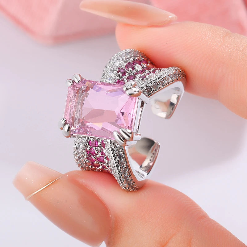 Sweet Pink Cubic Zirconia Ring for Women's Engagement Wedding Luxury Sparkling 925 Silver Plated Fashion Jewelry Gift