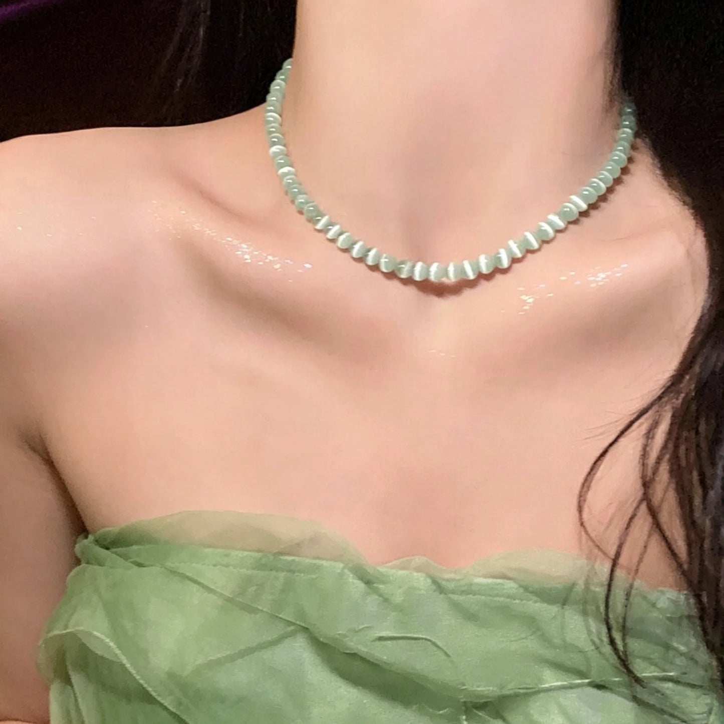 2026 Summer Trendy Candy Color Crystal Opal Beaded Cat's Eye Stone Bead Choker Necklace For Women Fashion Aesthetic Accessories