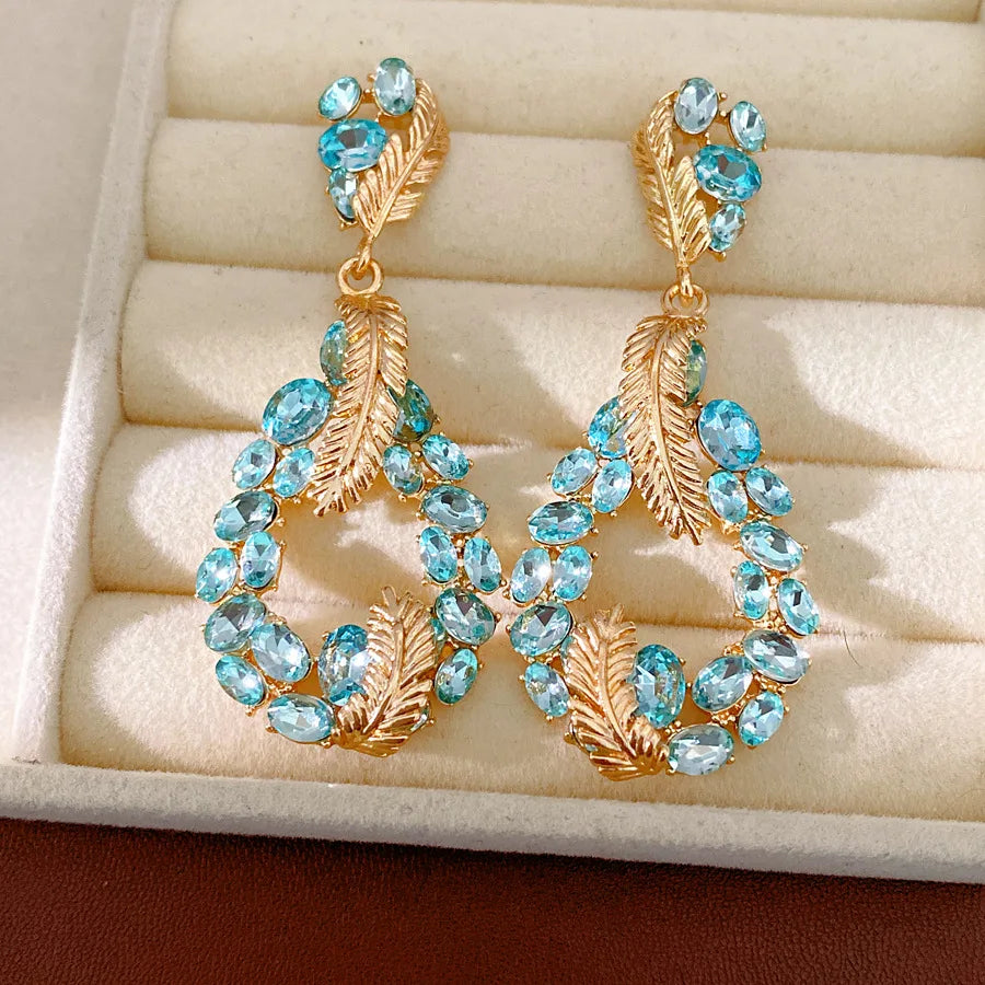 Vintage Rhinestone Inlaid Feather Drop Earrings Retro Style Light Luxury High Grade Elegant Exquisite Stud Ear Jewelry For Women