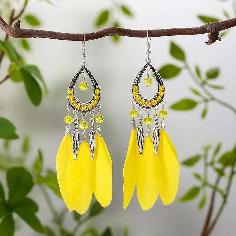Bohemian Women Handmade Earrings For Female Colorful Long Feather Crystal Drop Tassel Dangle Earring Ladies Boho Jewelry Gift