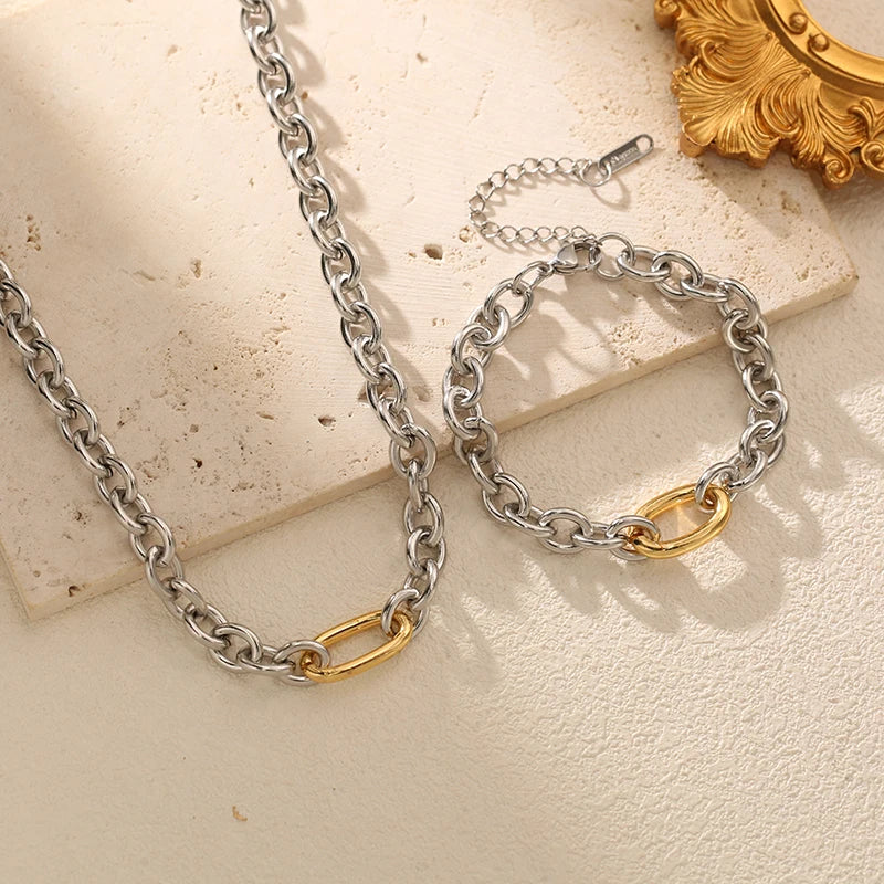 EILIECK 316L Stainless Steel Silver Color High Quality Metal Chain Necklace Bracelet Set Waterproof Popular Casual Jewelry Women