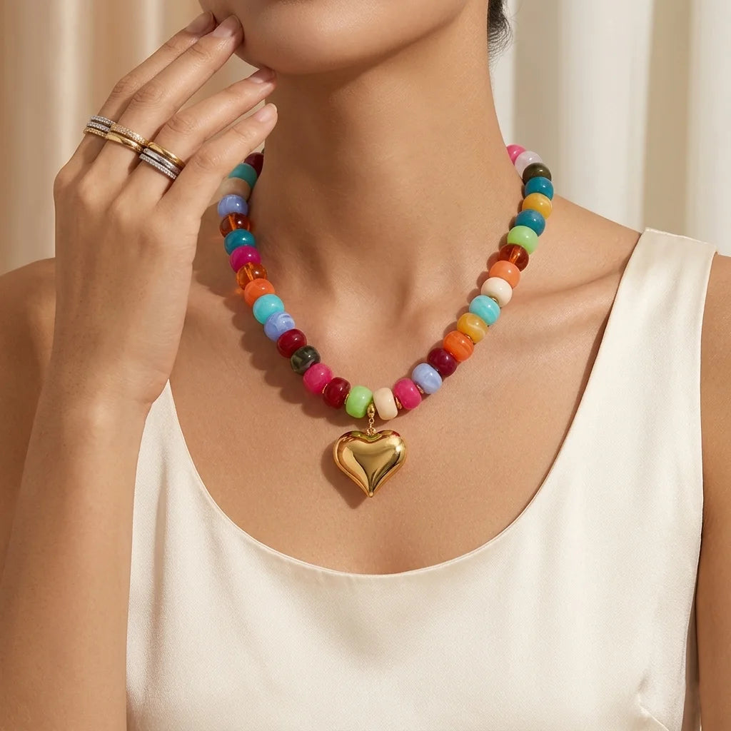 E.B.belle Candy Color Bead Heart Charm Necklaces Colorful Dopamine Resin Chain Necklace Tarnish Y2K Fashion Women Jewelry