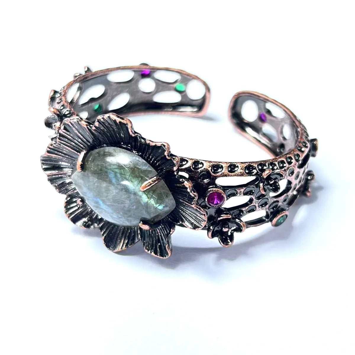YEEVAA Artisan Vintage Labradorite Statement Handcrafted Cuff - Wide Iridescent Stone Bangle Bracelet, Boho Jewelry