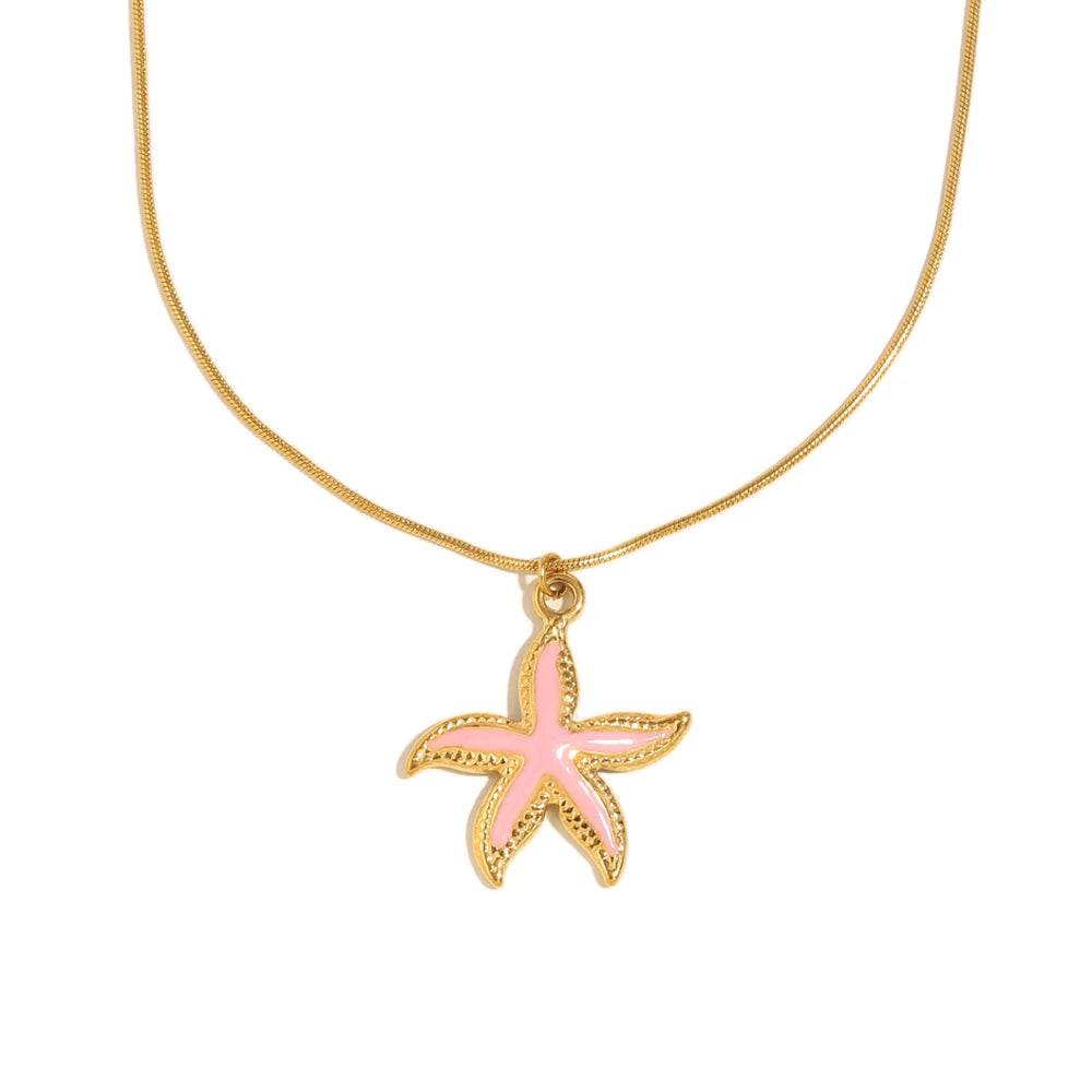 E.B.belle Summer Beach Cute Coloful Starfish Pendant Necklace 18K Gold Plated  316L Stainless Steel Holiday Neck Jewelry
