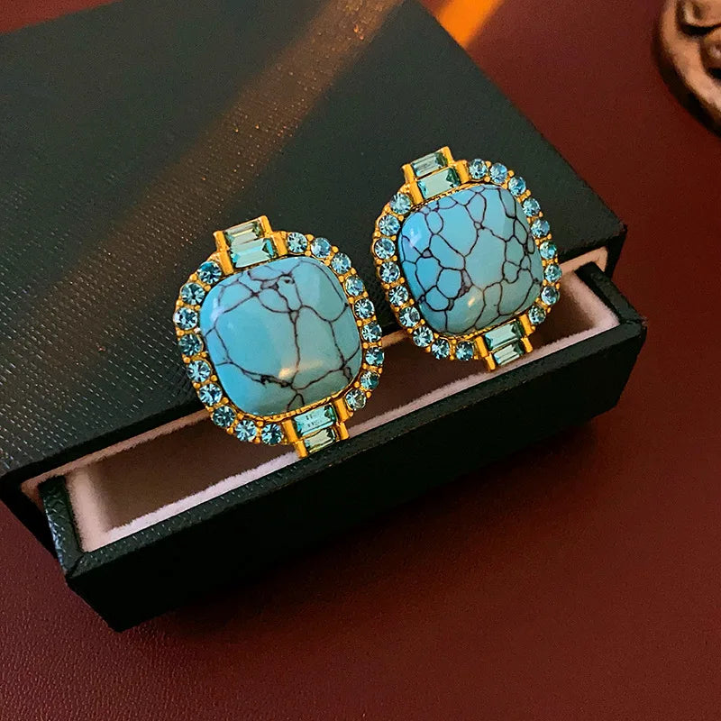 Exquisite Artificial Blue Turquoise Stone Stud Earings Retro Round Square Rhinestones Ear Stud for Lady High-end Jewelry Gift N1