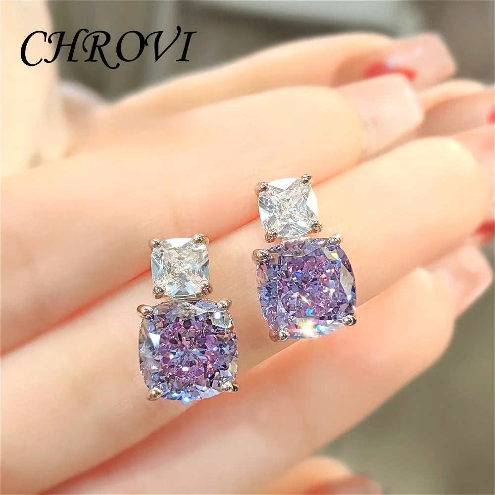 Fashion 925 Sterling Silver Pink Diamond Necklace with Purple Pendant, Stud Earrings, Ring, and Coloured Gemstone Set for Women