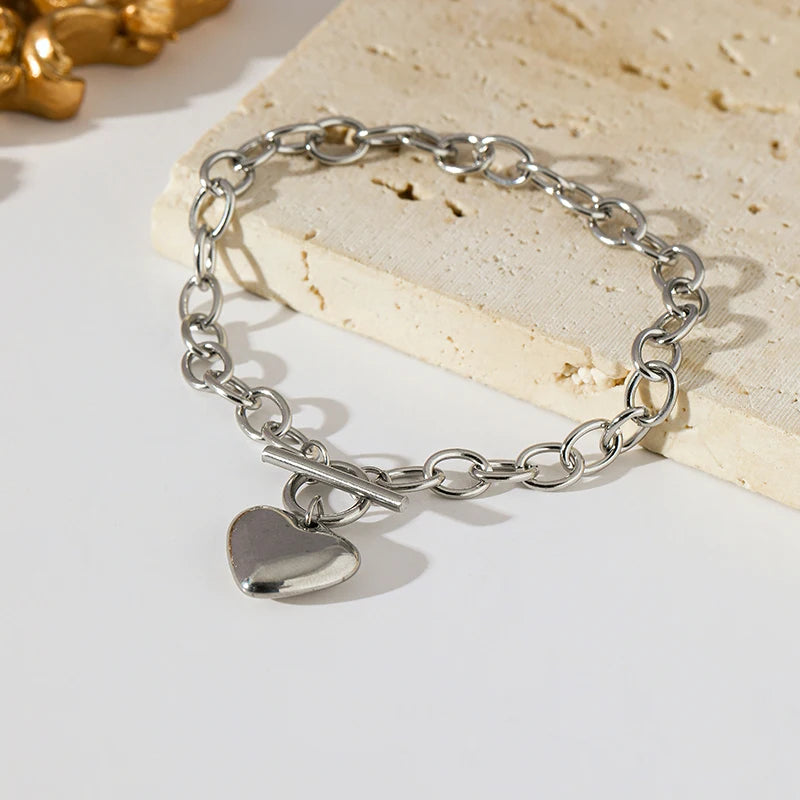 EILIECK 316L Stainless Steel Silver Color Heart Love Necklace Bracelets Set For Women Trendy OT Buckle Waterproof Jewelry Set