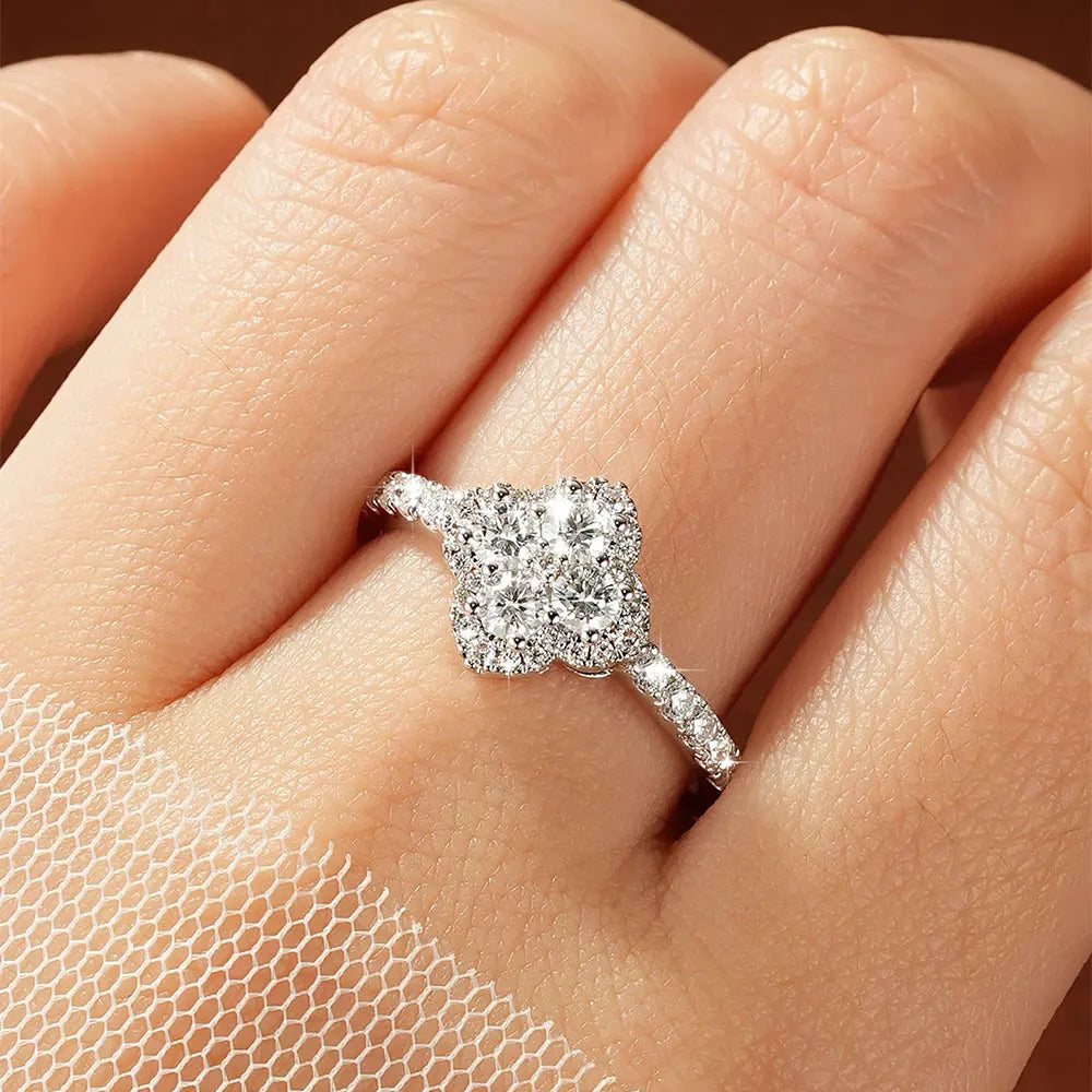 OXTAO Moissanite Four Leaf Flower Ring 3mm D VVS1 for Women Anniversary Gifts 14K Gold Filled Lab Imitation Diamond Wedding Ring