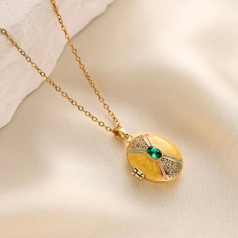 ANENJERY 316L Stainless Steel Openable Oval Heart Photo Frame Zircon Necklace For Women Delicate Vintage Jewelry Gifts Wholesale