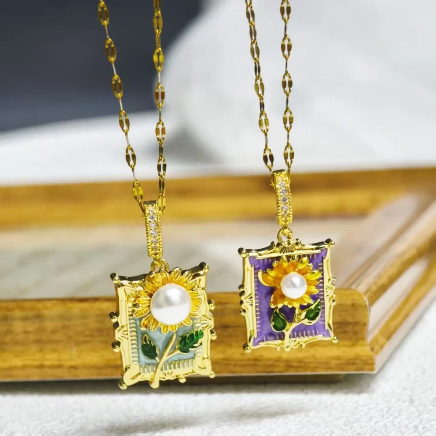 Monet Garden Sunflower Enamel Necklace Earring Set with Ancient Style, High Grade, Fashion Style, Clavicle Stainless Steel