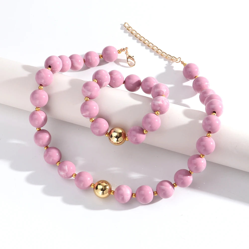 Trendy Acrylic Multicolor Round Beads Necklace Bracelet Set Resin Geometric Beaded Choker Necklaces 2026 Fashion Jewelry