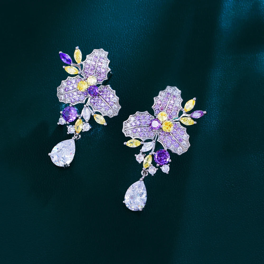 ThreeGraces Delicate Purple Yellow Zircon Long Flower Leaf Drop Earrings for Women Elegant Bridal Wedding Party Jewelry E1904