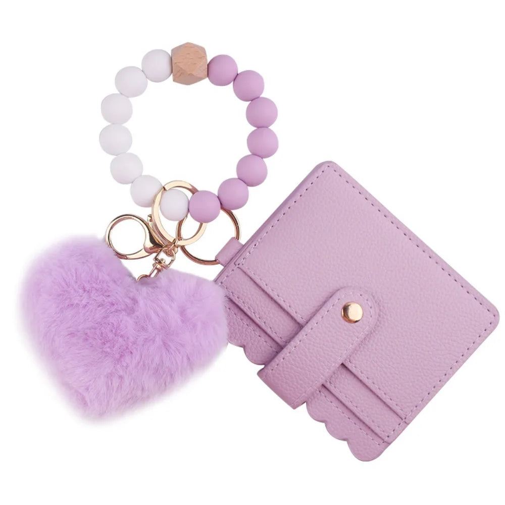 Solid Leather Leather Card Bag Keychain Tassel Design Silicone Beaded Wristlet Keychain Keychain Feature Wristlet Style